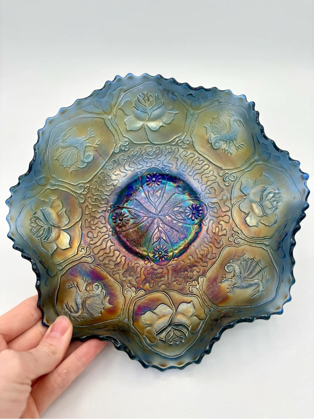 🐉 ANTIQUE FENTON Cobalt Carnival Glass Dragon & Lotus Bowl Iridescent Vintage